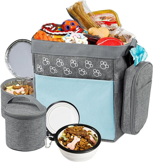 Dog Travel Bag with Treat Pouch, Airline Approved Dog Bags for Traveling, 2 Dog Food Travel Container, 2 Travel Bowls, Weekend Dog Travel Bag for Supplies, Dog Travel Kit Accessories-PawvioPets