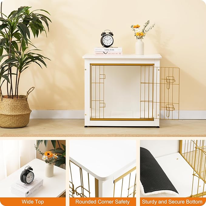 DWANTON Dog Crate Furniture with Cushion, Wooden Kennel Table with Double Doors, Indoor Dog House, Small/Medium/Large Size, 27.2" L, White-PawvioPets