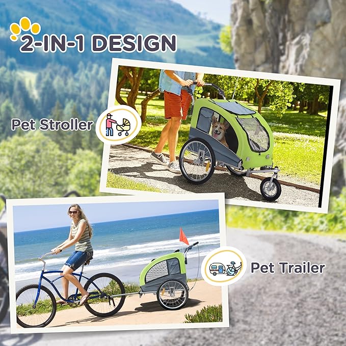 Aosom Dog Bike Trailer 2-in-1 Pet Stroller with Canopy and Storage Pockets-PawvioPets