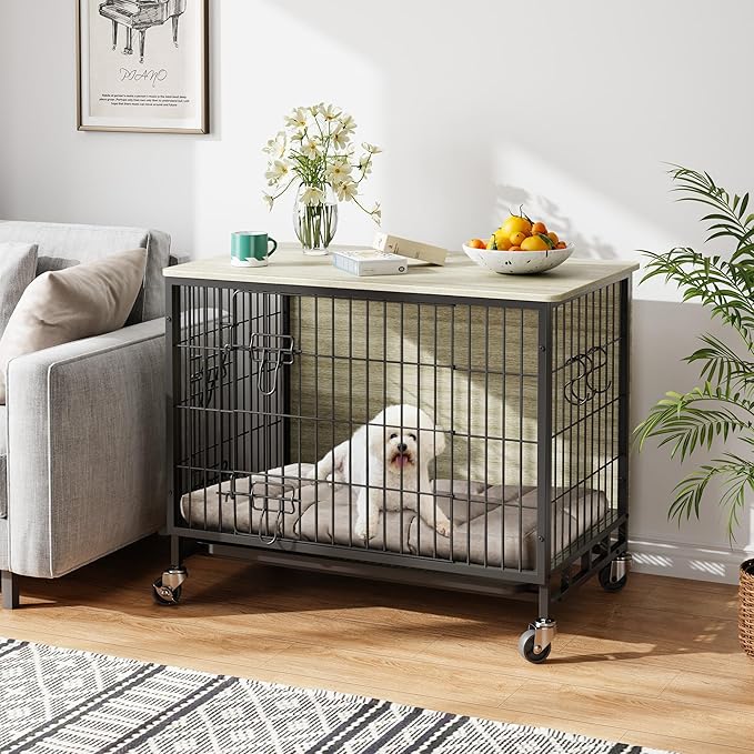 Dog Crate Furniture, 38.6" Wooden Dog Crate with Double Doors, Dog Furniture, Large Dog Kennel Indoor End Table for Large Dogs, Grey-PawvioPets