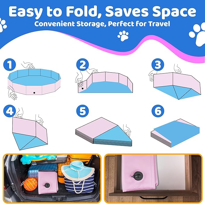 2025 Updated Foldable Dog Pool, 79" x 12" Kiddie Pool with Hard Plastic, Non-Slip Dog Bath Tub for Outdoor Backyard, Collapsible Dog Swimming Pool for Kids Dogs Pets (Pink)-PawvioPets