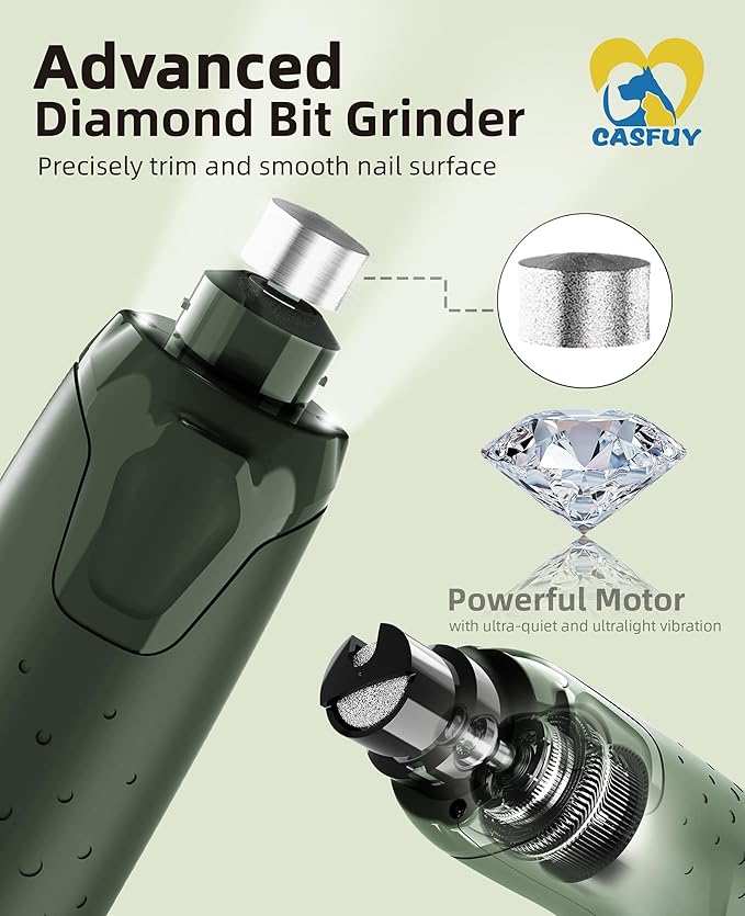 Casfuy Dog Nail Grinder Quiet - (45db) 6-Speed Pet Nail Grinder with 2 LED Lights for Large Medium Small Puppy Dogs/Cats, Professional 3 Ports Rechargeable Electric Dog Nail Trimmer with Dust Cap-PawvioPets