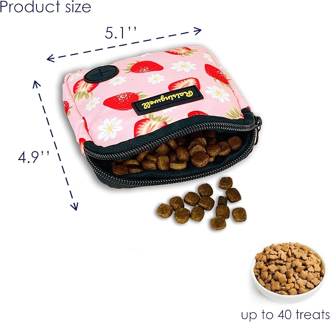 Dog Treat Pouch for Pet Walking and Training with Clicker Poop Bags Small Fanny Zipper Pack Holder for Puppy Snack Dispenser Kit for Leash and Outdoor Use (Strawberry)-PawvioPets