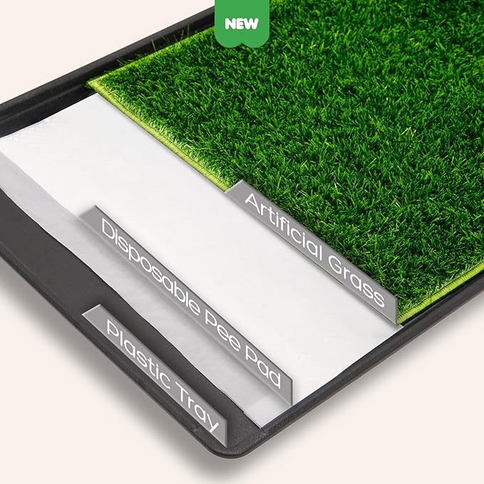 Dog Grass Pad with Tray, 23×16in Small Litter Box, 2×Grass Pad for Dogs Potty Washable, Thick Soft Odor-Free Hemmed Dog Pee Grass, Indoor Puppy Potty Training Balcony (Without Grid)-PawvioPets