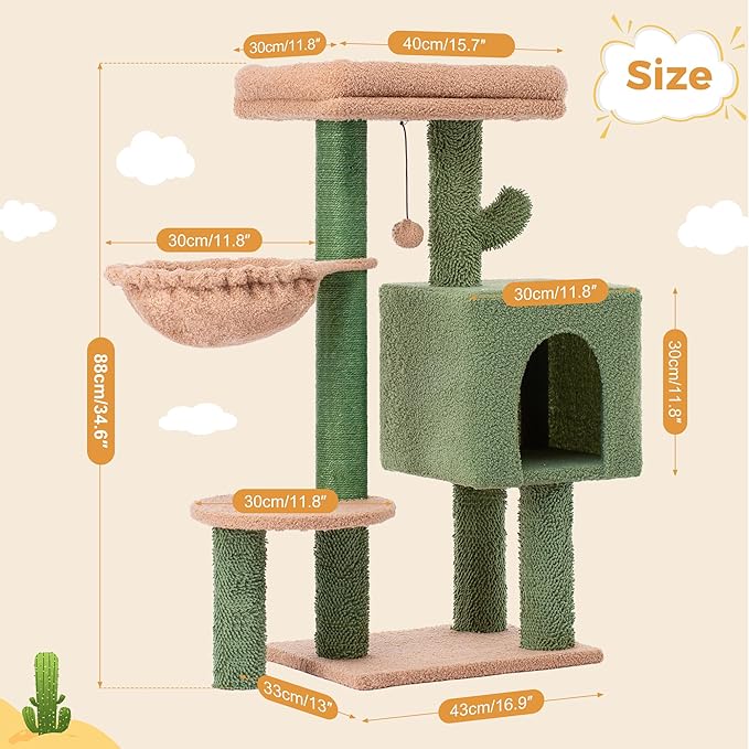 Cactus Cat Tree Small Cat Tower with 32 Inches Scratching Post with Cats Condo House, Cozy Hammock and Removable Top Bed and Dangling Ball for Indoor Cats-34” Green-PawvioPets