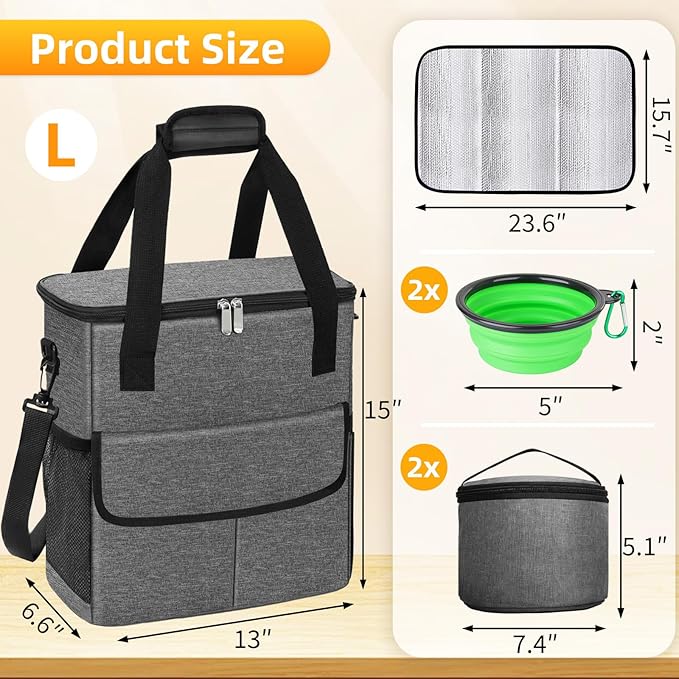 Dog Travel Bag for Camping - Weekend Pet Accessories With 2 Collapsible Bowls, 2 Food Containers, 1 Waterproof Feeding Mat - M, Grey-PawvioPets
