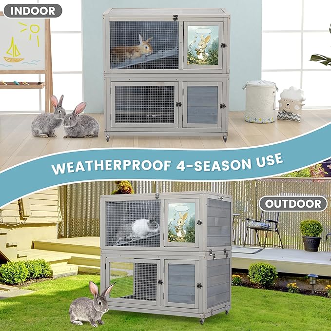 2-Story Wooden Rabbit Hutch for Outdoor & Indoor, Bunny Cage Rabbit House with Wheels, Trays, Ramp, Pet Home for Guinea Pigs, Chickens, Chicken Coop, Gray with Colorful Patterns-PawvioPets