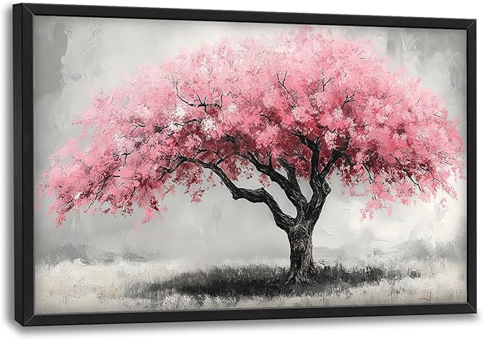 Extra Large Framed Pink Tree Wall Art,Abstract Tree of Life Wall Decor,Pink and Grey Pictures for Living Room,Canvas Print Painting Modern Artwork Bedroom Office Bathroom Home Decor 36L x24W-PawvioPets