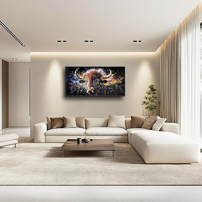 Framed Large Bison Buffalo Wall Art for Living Room, Oversized Graffiti Yak Cow Wall Decor Banksy Bull Canvas Painting Animal Pictures Modern Artwork for Living Room Bedroom Office 60"x30"-PawvioPets