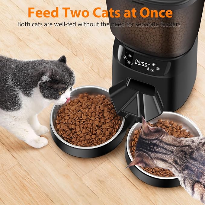 Automatic Cat Feeder and Water Fountain, 5L/20 Cups Timed Cat Dry Food Dispenser, 10s Meal Call, 20 Portions 6 Meals Per Day, 2L Cats Fountains for Drinking with Filter, Pet Feeder for Dog Black-PawvioPets