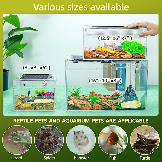 16×10×8'' Reptile Tank Kit with Heat Lamp, Spray Bottle, Shovel, Tweezers, Food Bowl, Hideout -Perfect for Geckos, Bearded Dragons, Snakes, Lizards, Turtles 360° Viewing, PC Glass-PawvioPets