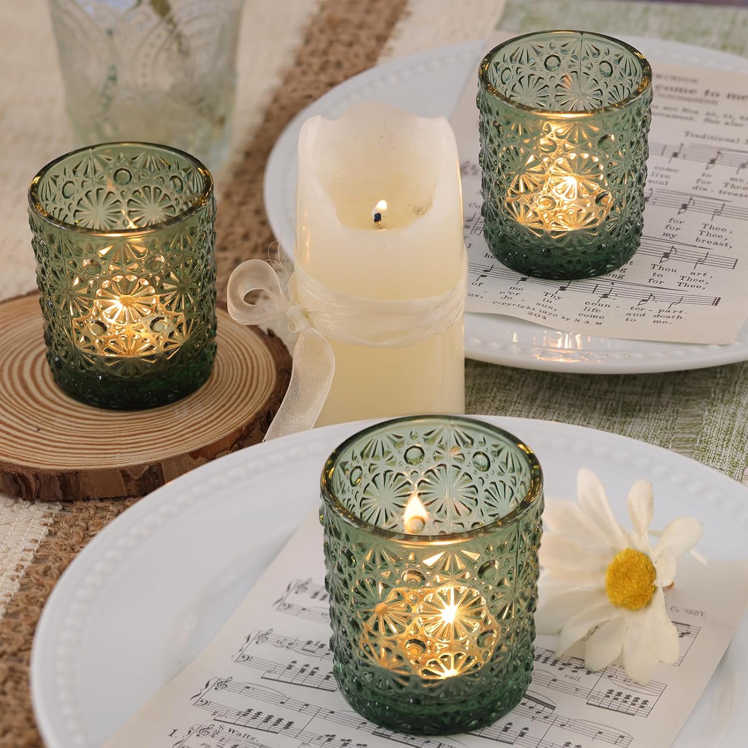 Green Votive Candle Holder Set of 36, Flower Tea Lights Candles Holders for Wedding Table Decor, Birthday Parties, Vintage Home Decor, Bridal Shower and Holiday Decorations