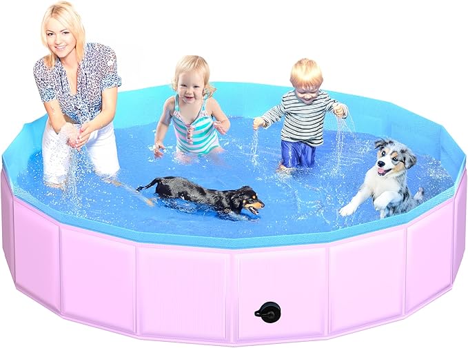 2025 Updated Foldable Dog Pool, 87" x 12" Kiddie Pool with Hard Plastic, Non-Slip Dog Bath Tub for Outdoor Backyard, Collapsible Dog Swimming Pool for Kids Dogs Pets (Pink)-PawvioPets