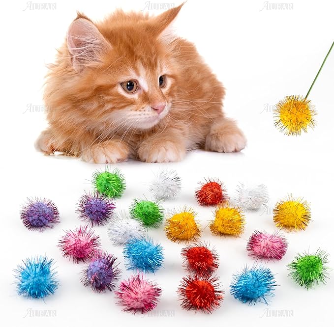 AUEAR, 20 Pack Sparkle Balls 1.5 Inches Tinsel Poms for Cats Pets Assorted Colors-PawvioPets