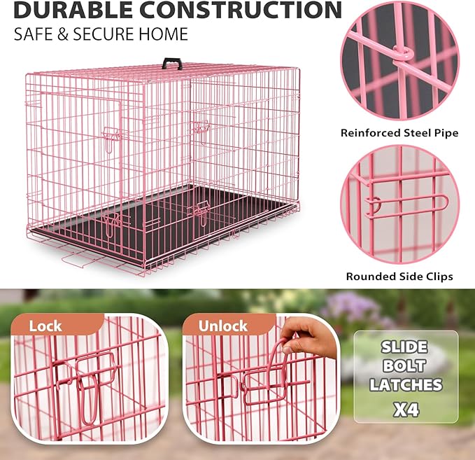 BestPet | Dog Crate | 24" | Pink | Foldable Metal Kennel with Double Doors, Secure Slide-Bolt Latches, Leakproof Tray | Portable Dog Cage for Small Breeds | for Travel, Indoor & Outdoor Use-PawvioPets