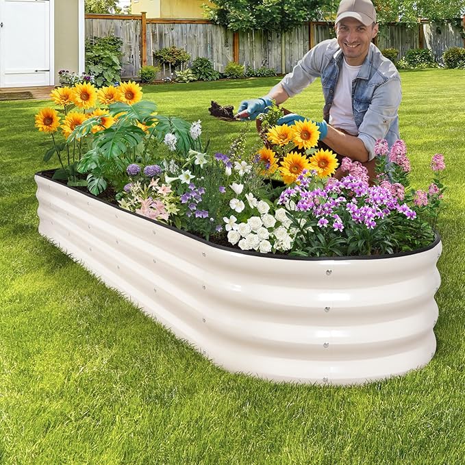 Galvanized Raised Garden Bed - 8×2×1ft Planter Raised Beds for Gardening | Oval Metal Garden Planter Box with Safety Edging and Bracing Rods for Vegetables Fruits and Flowers (White)-PawvioPets