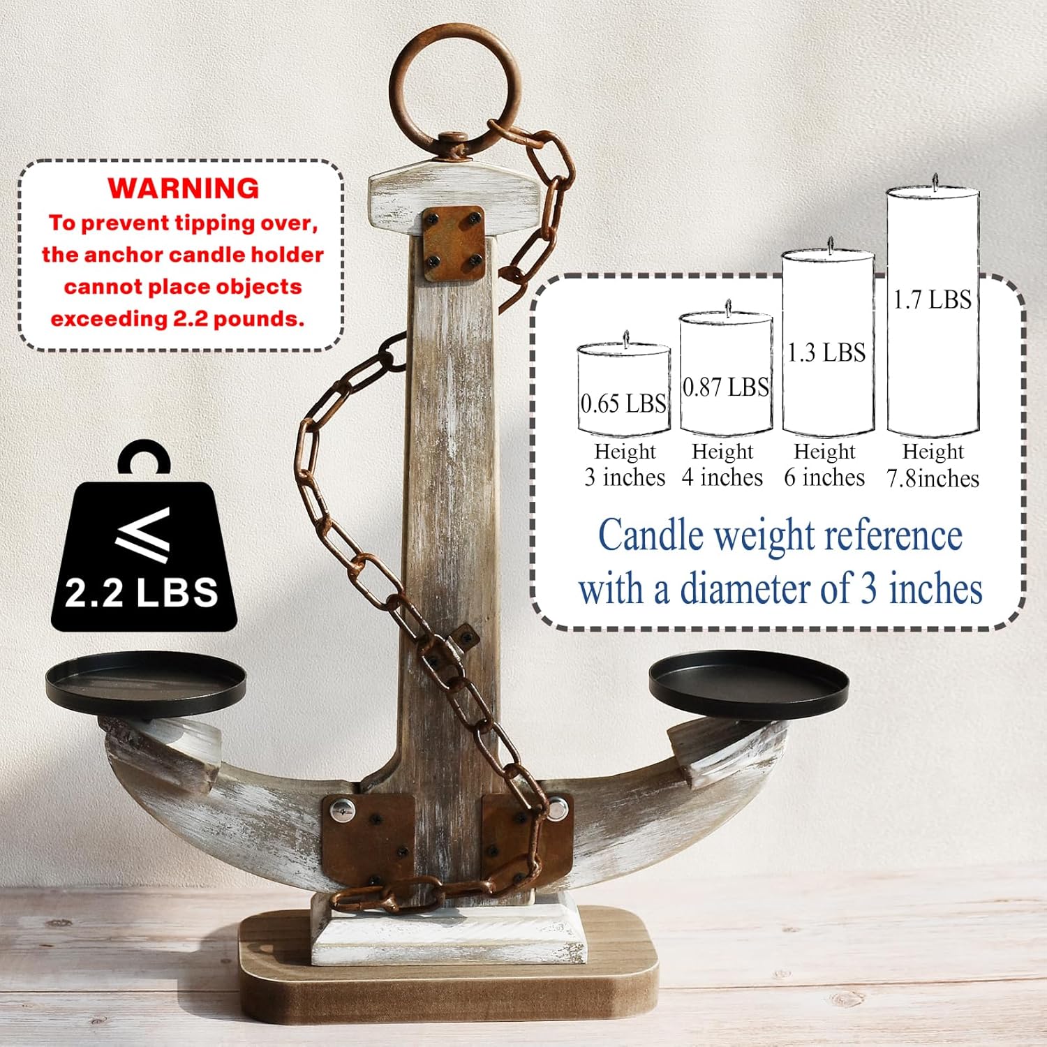 Wooden Anchor Candle Holder Coastal Decor Lake House Decor, Vintage Home Decor Candle Stand Table Centerpiece Candle Holder for 2 Candles, Nautical Decor Beach Decor Large Candles Stand