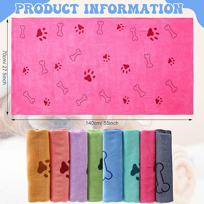 8 Pcs Dog Towels Pet Bath Drying Towels 55 x 28 Inches Large Absorbent Microfiber Quick Fast Drying Soft Beach for Lightweight Cat and Puppy Shower Essentials Cleaning Accessories(Multicolor)-PawvioPets