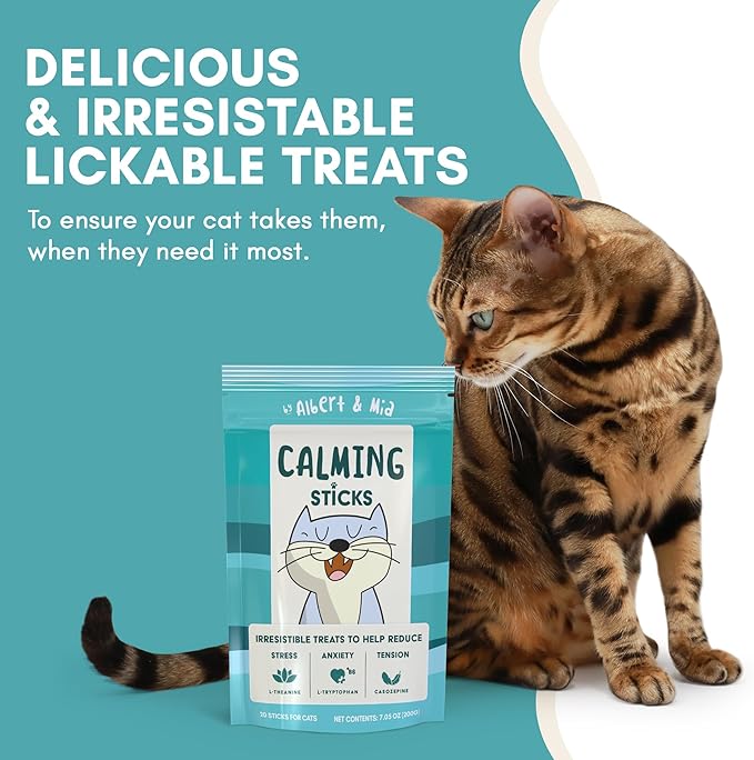 ALBERT & MIA Calming Sticks Lickable Calming Cat Treats for Stress and Anxiety Relief for Cats, Irresistible - Vet Recommended (Sleeping Aid, Vet Visits, Grooming, Car Rides, Plane) 20 Pack-PawvioPets