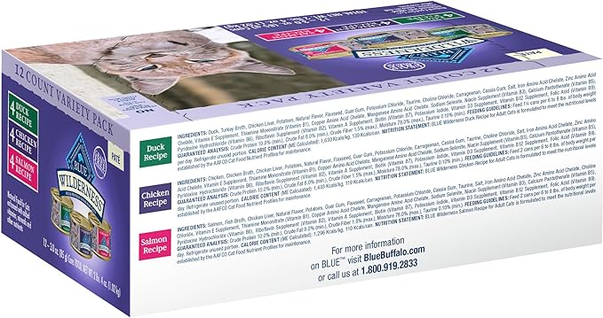 Blue Buffalo Wilderness High Protein, Natural Adult Pate Wet Cat Food Variety Pack, Chicken, Salmon, Duck 3-oz Cans (12 Count- 4 of Each Flavor)-PawvioPets