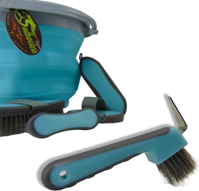 Collapsible Grooming Kit 10 Liter Bucket and 5 Grooming Tools by Southwestern Equine (Turquoise)-PawvioPets