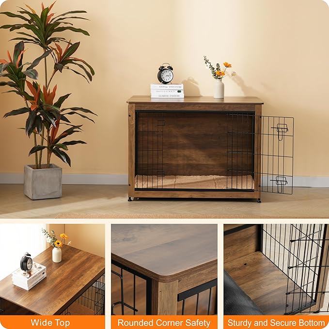 DWANTON Dog Crate Furniture with Cushion, Wooden Kennel Table with Double Doors, Indoor Dog House, Large Size, 38.5" L, Warm Brown-PawvioPets