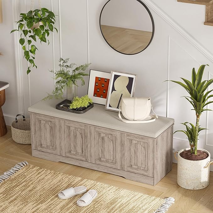 DINZI LVJ Shoe Bench, Entryway Storage Bench with Doors, Cushion, 2-Tier Shoe Rack with 8-Cubby, 47.2”L x 13.8”W Shoe Organizer Cabinet, Adjustable Shelf, Living Room, Bedroom, Greige-PawvioPets