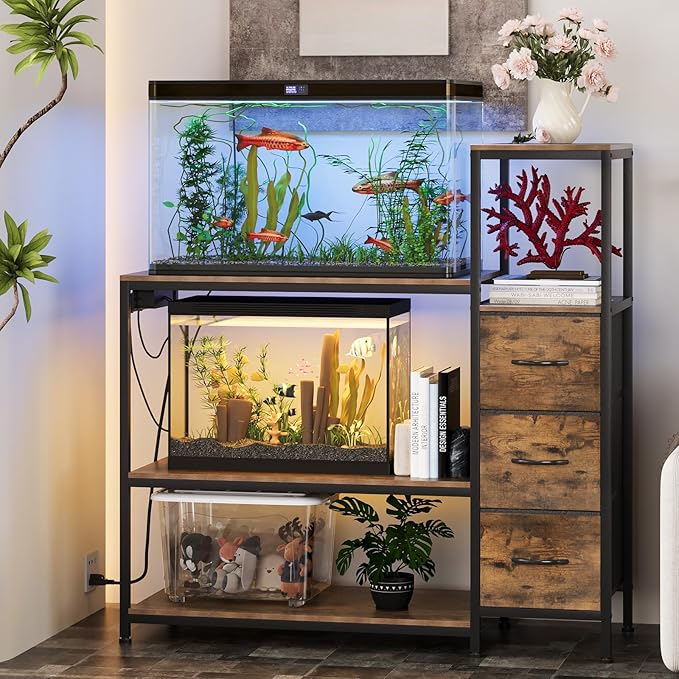 20 Gallon Aquarium Stand with Power Outlets Fish Tank Stand with 3 Drawers Metal Frame Heavy Duty Reptile Tank Stand with 3-Tier Storage Shelves,Left/Right Assembly, Adjustment Height-PawvioPets