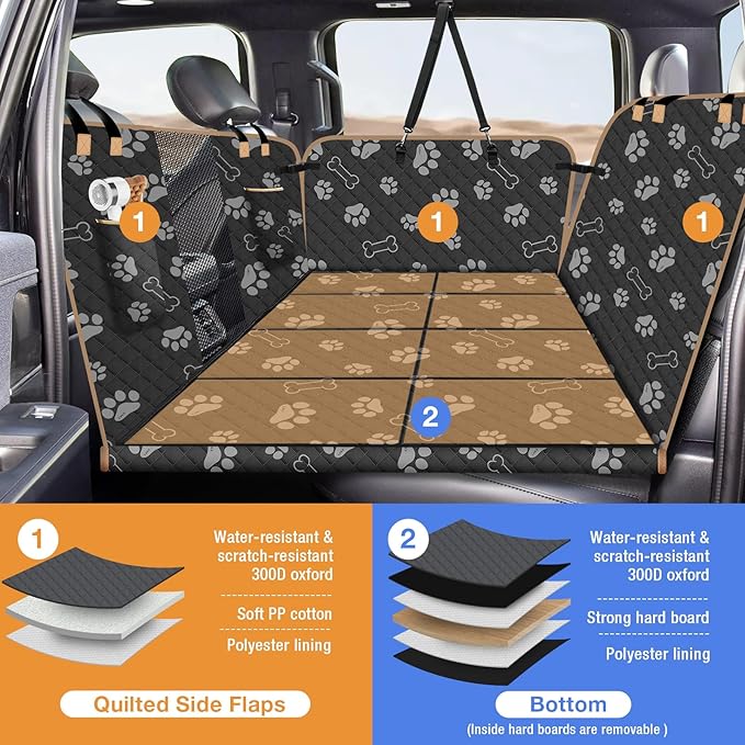 Dog Car Seat Cover for Back Seat, Larger Dog Car Bed Cover with Strong Bottom, Car Back Seat Extender Hammock for Full Size Truck/SUV Black 8 Panels Black Foot Print-PawvioPets