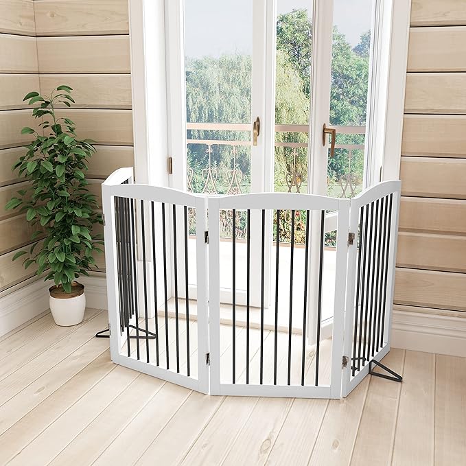 Freestanding Pet Gate - Foldable Wooden Dog Gate, 80 Inch Wide, 4 Panels, White-PawvioPets