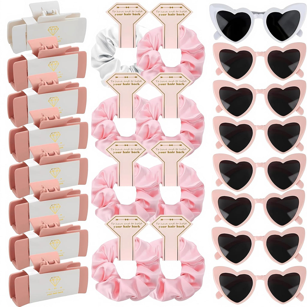 Bridesmaid Scrunchies Proposal Gifts 4.1inch square Hair Claws Bachelorette Hair Clip heart sunglasses Girls gift for Wedding Party Favors (White&Pink)