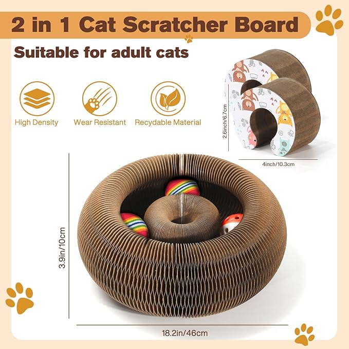 2 PCS Magic Organ Cat Scratcher Board with 6 Balls, Foldable Recyclable Accordion Cats Toy with Ball and Track Adventure, Cat Scratching Pad, Retractable Reversible Furniture Protector(Brown)-PawvioPets