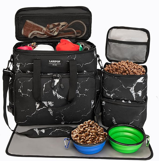 Dog Travel Bag,Weekend Pet Travel bag Set for Dog and Cat,Airline Approved Tote Multi-Function Dog Bags for Traveling,Include 2 Collapsible Bowls,2 Food Storage Containers,1 Feeding Mat,Marble-PawvioPets