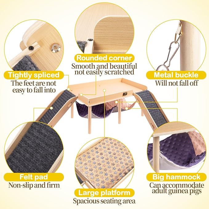 Enlarged Guinea Pig Hammock with Platform and Stairs,Wooden Foldable Piggies Hideout for Guinea Pigs Bunny Ferret Hamster Hiding Sleeping Activities 24L x 12W x 11H in（Double）-PawvioPets