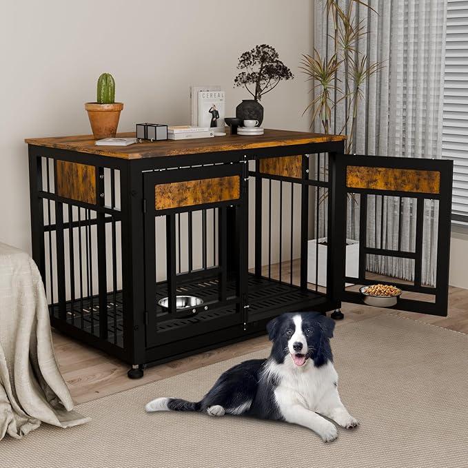 Dog Crate Furniture End Table 38 Inch Hidden Kennel Cabinet with Removable Tray, Thickened Metal Frame Dog Cage, Dual-Purpose Pet House & Nightstand for Living Room-PawvioPets