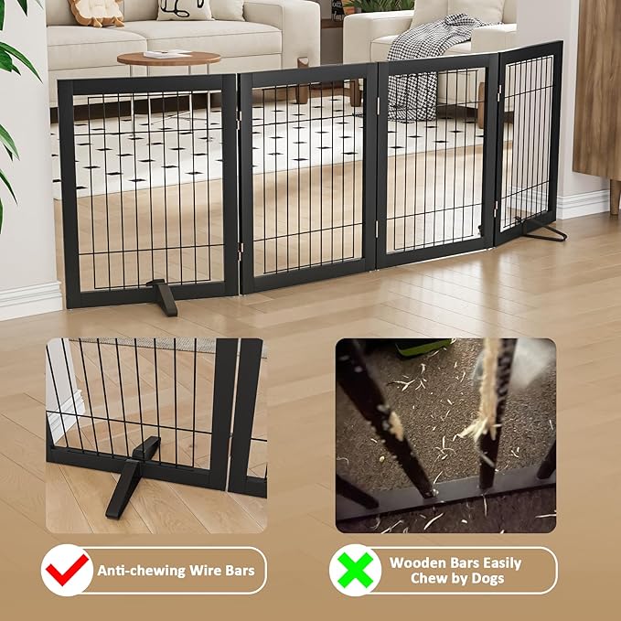 Dog Gate Wire Dog Gates for House Doorways Stairs 24-Inch Freestanding Pet Gate Puppy Fences Indoor (4 Panel, Black)-PawvioPets