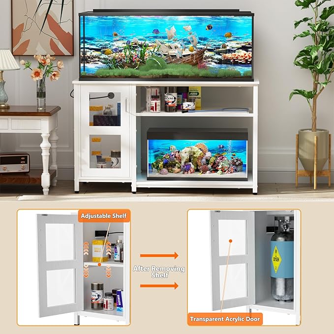 55-75 Gallon Fish Tank Stand with Cabinet, Aquarium Stand for Fish Tank Accessories Storage, Heavy Duty Metal Terrarium Stand, 52" L*19" W Tabletop, 1200LBS Capacity, White-PawvioPets