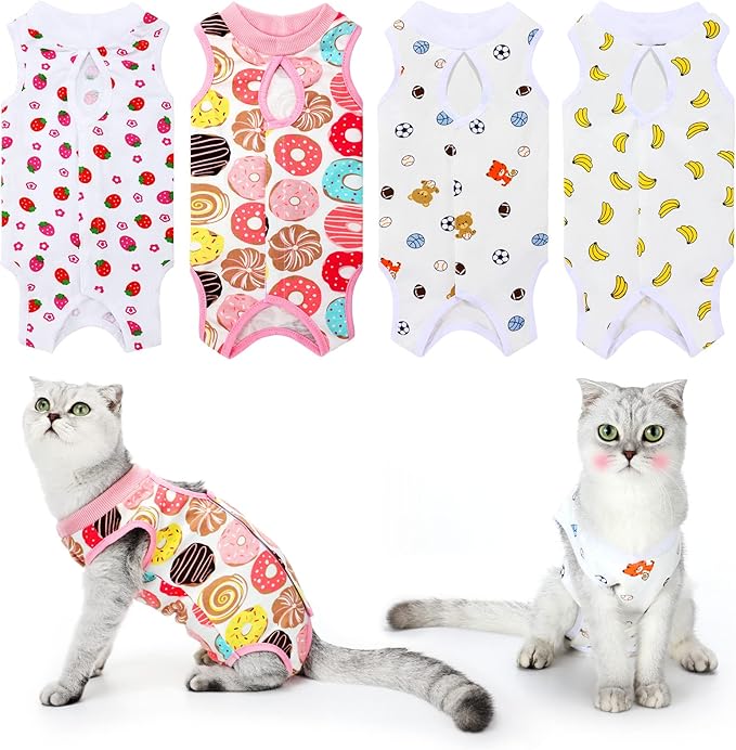 4 Pieces Cat Recovery Suits Body Wraps Breathable Kittens Recovery Clothes for Cats Small Dogs Abdominal Weaning(Banana, Football, Strawberry, Donut,M)-PawvioPets