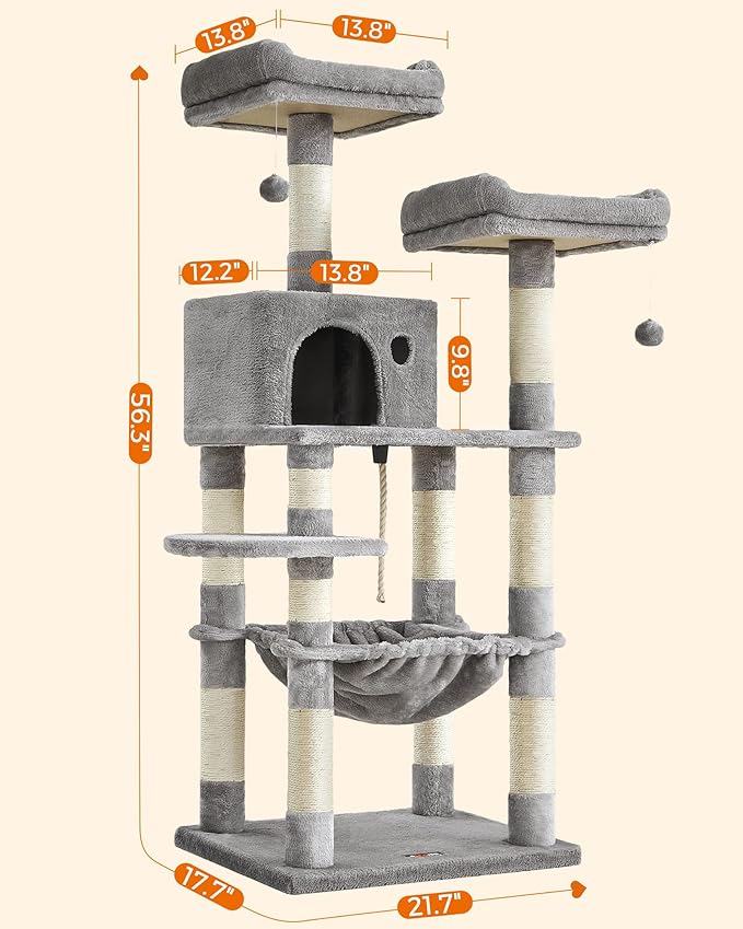 FEANDREA Cat Tree, Cat Tower for Indoor Cats, 56.3-Inch Cat Condo with Scratching Posts, Hammock, Plush Perch, Light Gray UPCT15W-PawvioPets