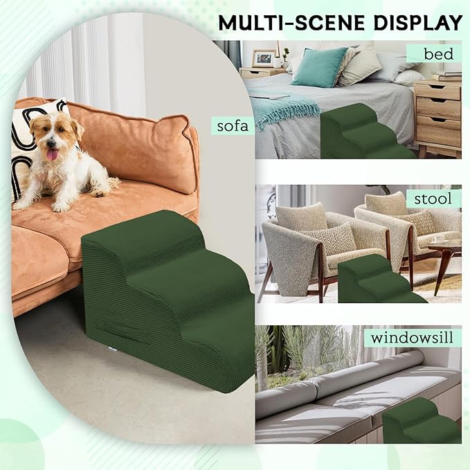 Dog Steps for Small Dogs, 4-Step Pet Ramp Stairs for High Beds and Sofa, Non-Slip Pet Stairs for Small Dogs and Cats, Removable and Easy to Clean Cover, Green-PawvioPets