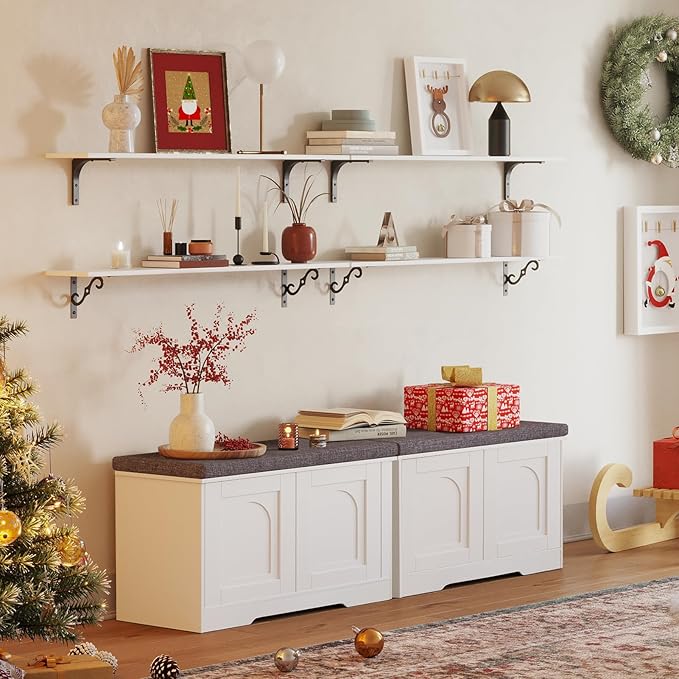 DINZI LVJ Shoe Bench, Entryway Storage Bench with Doors, Cushion, 2-Tier Shoe Rack with 6-Cubby, 31.5”L x 13.8”W Shoe Organizer Cabinet, Adjustable Shelf, Living Room, Bedroom, White-PawvioPets