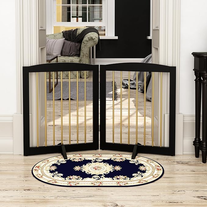 Freestanding Pet Gate for Dogs, Foldable Wooden Dog Gate for House, Stairs, Doorways, Step Over Pet Puppy Safety Fence,Support Feet Included,24" Height 2 Panels, Black&Gold-PawvioPets