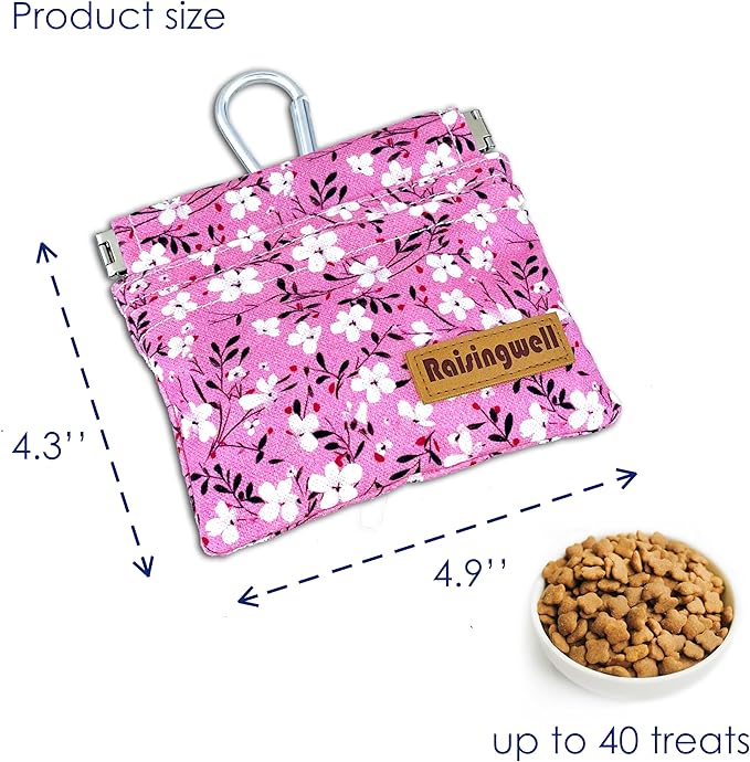 Dog Treat Pouch, Small Cotton Pocket Sized Training Holder, Hand Free Walking Fanny Bag with Carabiner, Self-Closing Pet Feed Snack Reward, Behavior Aids for Puppy Travel or Outdoor Use-PawvioPets