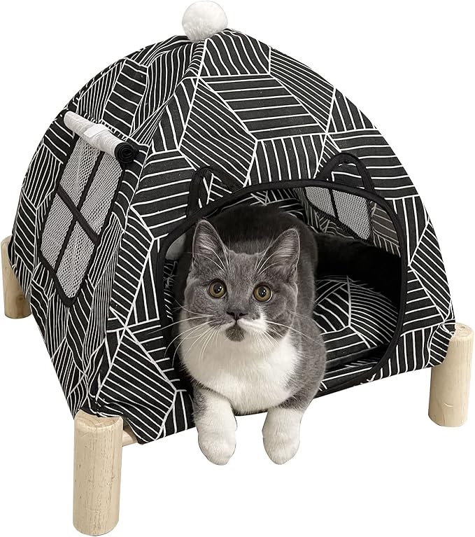 2-in-1 Elevated Cat Tent Cat House, Quick Assembly and Disassembly, Portable Indoor/Outdoor Cute Cat Bed Cave-Black Diamond Pattern-PawvioPets