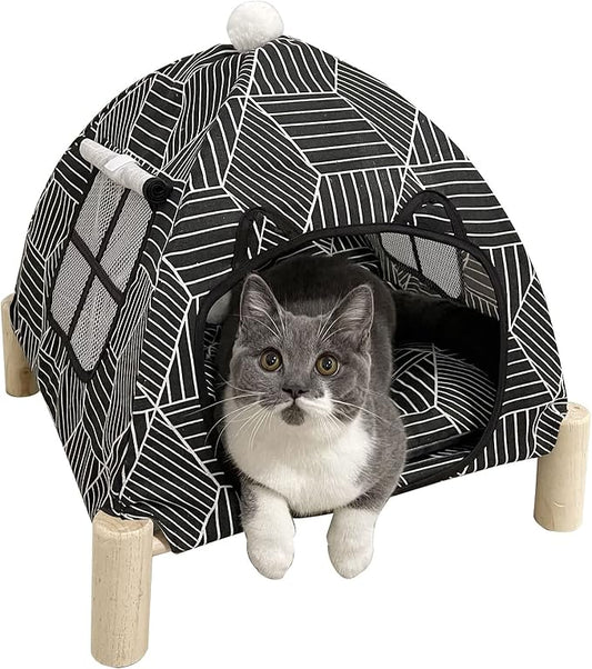 2-in-1 Elevated Cat Tent Cat House, Quick Assembly and Disassembly, Portable Indoor/Outdoor Cute Cat Bed Cave-Black Diamond Pattern-PawvioPets
