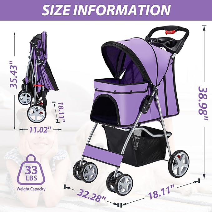 4 Wheels Pet Stroller for Small Medium Dogs Cats 10-33 lbs, Foldable Dog and Cat Stroller with Cup Holder & Storage Basket & Breathable Mesh, Pet Strolling Cart for All-Season, Purple-PawvioPets