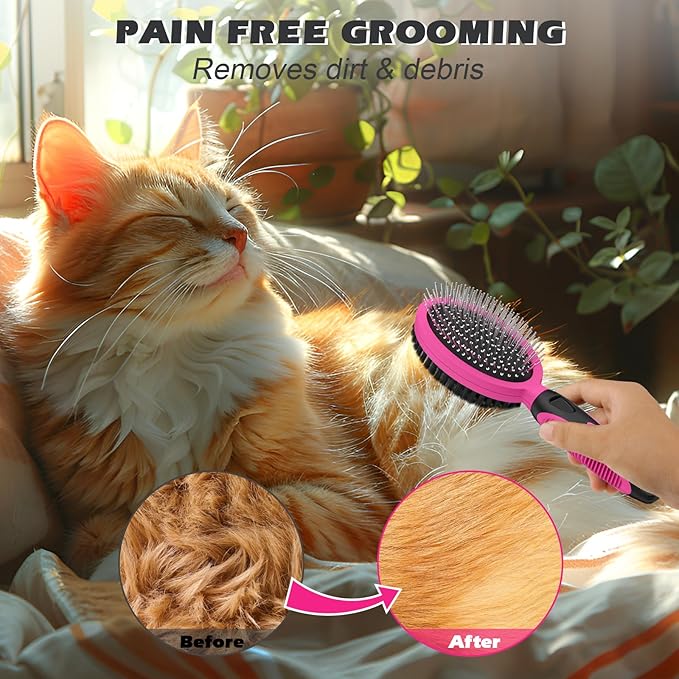 2PCS Pet Grooming Tools - Double-Sided Brush for Shedding and Bathing, Suitable for Short/Long Haired Dogs Cats and Horses, Deshedding Dog Brush, Mane & Tail Combs for Horses - Pet Supplies (Pink)-PawvioPets