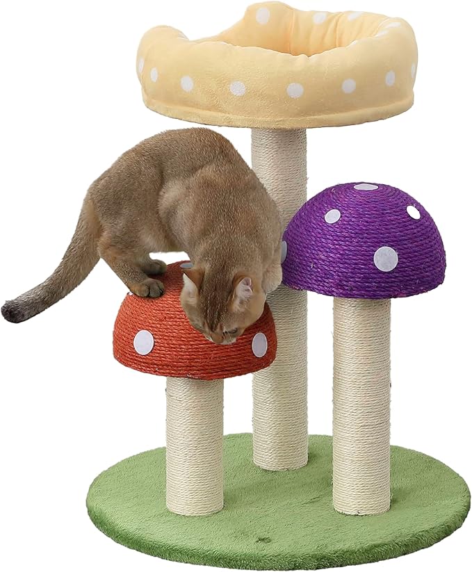 CTR1001A Pixie 22.5" 3-Tier Cottage Sisal Mushroom Cat Tree with Scratching Posts, Napping Perch, and Dangling Bell Toy, Multi-PawvioPets