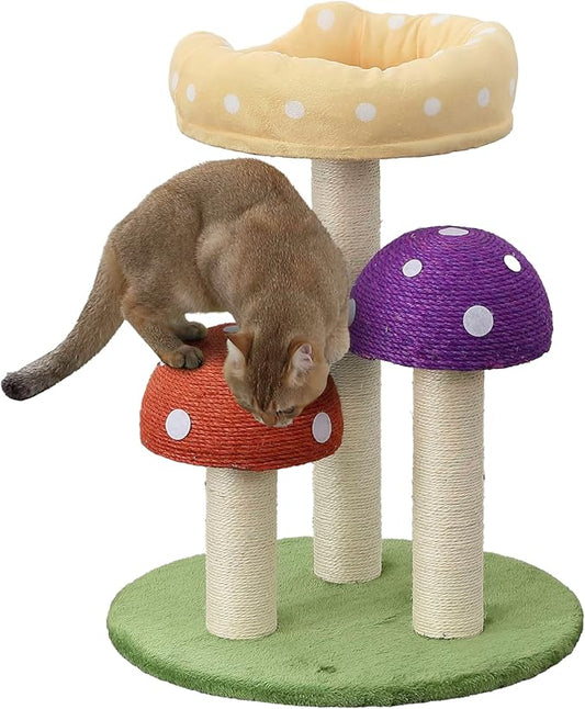 CTR1001A Pixie 22.5" 3-Tier Cottage Sisal Mushroom Cat Tree with Scratching Posts, Napping Perch, and Dangling Bell Toy, Multi-PawvioPets