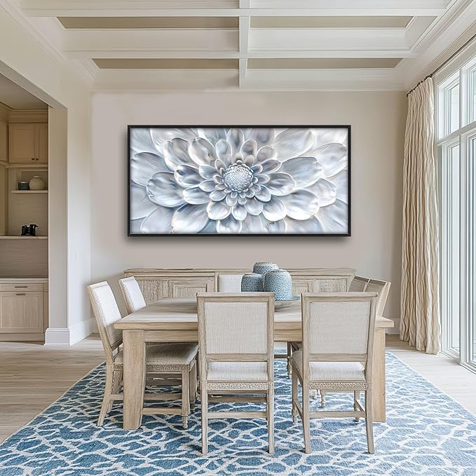Abstract Flower Large Wall Art White Silver Floral Pictures Wall Decor Neutral Canvas Print Painting Artwork for Bathroom Living Room Bedroom 60L" x 30W"-PawvioPets